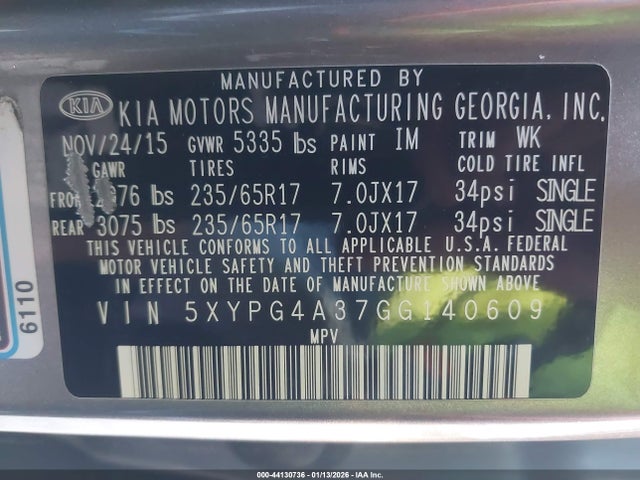 5XYPG4A37GG140609 KIA Sorento 2.4l Lx
