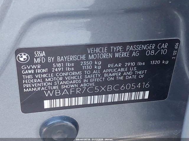 2011 Bmw 535i მანქანა იყიდება აუქციონზე, vin: WBAFR7C5XBC605416, აუქციონის ნომერი: 44130739