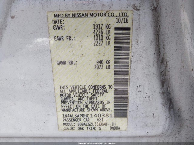 1N4AL3AP0HC140381 Nissan Altima 2.5 S