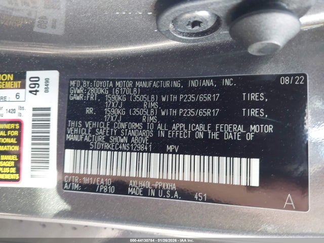 5TDYRKEC4NS129841 Toyota SIENNA XLE