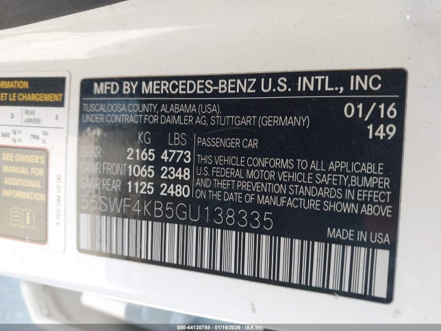 Продажа на аукционе авто 2016 Mercedes-benz C 300 4matic, vin: 55SWF4KB5GU138335, номер лота: 44130788