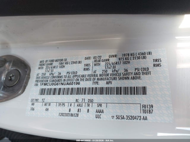 1FMCU0G61NUA60196 Ford ESCAPE SE