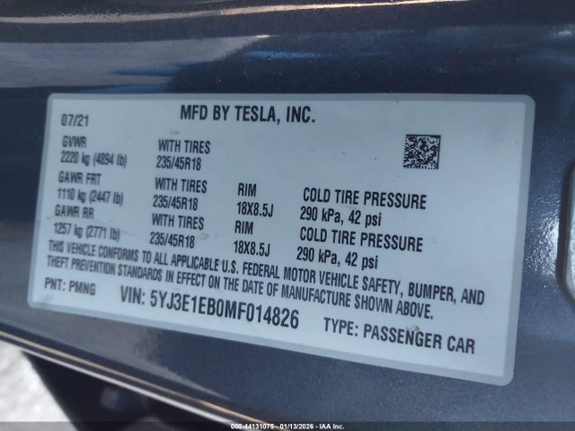 2021 TESLA MODEL 3 5YJ3E1EB0MF014826 Photo 8
