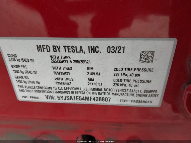 2021 TESLA MODEL S 5YJSA1E54MF428807 Photo 8