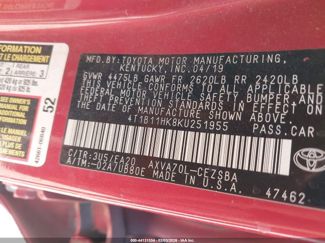 4T1B11HK8KU251955 Toyota CAMRY SE
