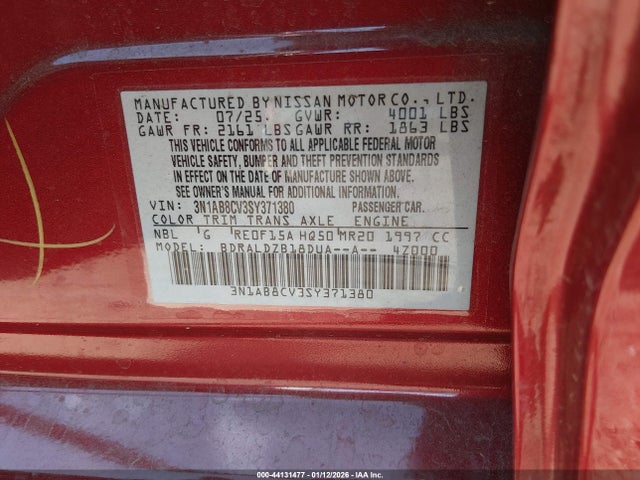 3N1AB8CV3SY371380 Nissan SENTRA SV