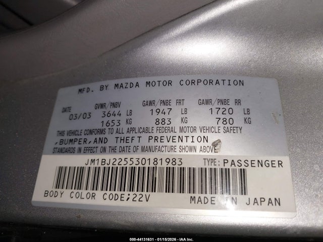 Продаж на аукціоні авто 2003 Mazda Protege Dx/es/lx, vin: JM1BJ225530181983, номер лоту: 44131631