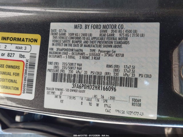 Ford FUSION SE 2017 3FA6P0HD2HR166096 Image 9