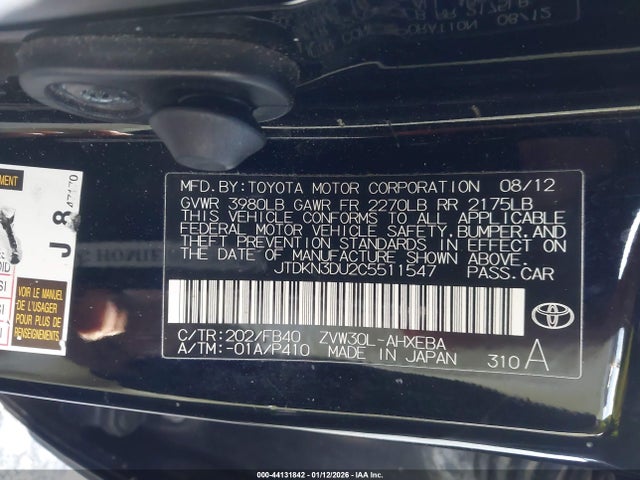 44131842 :رقم المزاد ، JTDKN3DU2C5511547 vin ، 2012 Toyota Prius مزاد بيع