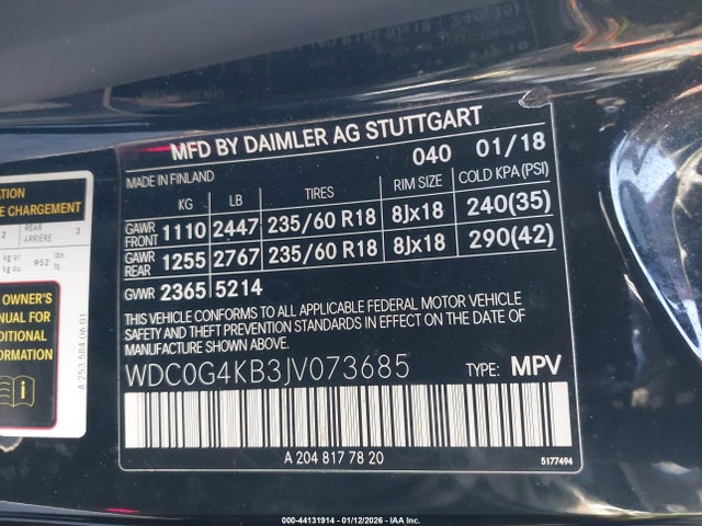 44131914 :رقم المزاد ، WDC0G4KB3JV073685 vin ، 2018 Mercedes-benz Glc 300 4matic مزاد بيع