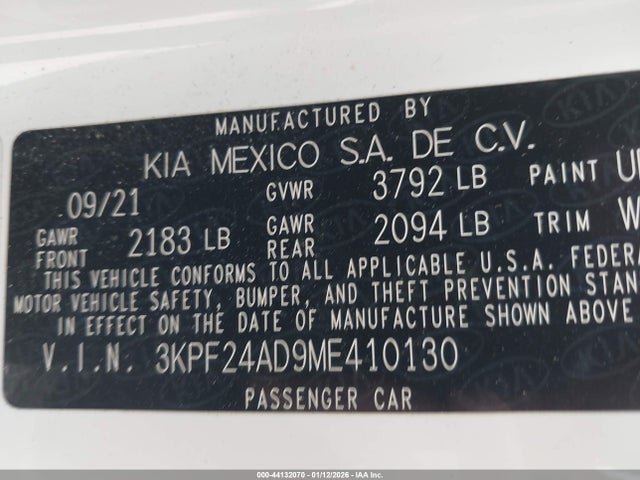 Aukcja sprzedaży 2021 Kia Forte Lxs, vin: 3KPF24AD9ME410130, numer aukcji: 44132070