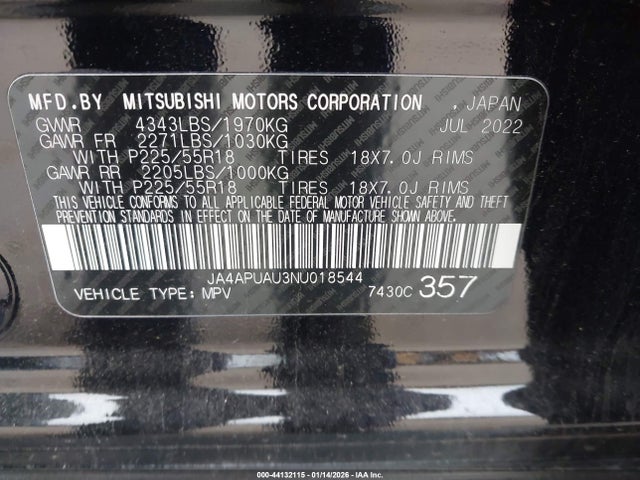 JA4APUAU3NU018544 Mitsubishi Outlander Sport 2.0 Be 2wd/2.0 Es 2wd/2.0 Le 2wd/2.0 S 2wd