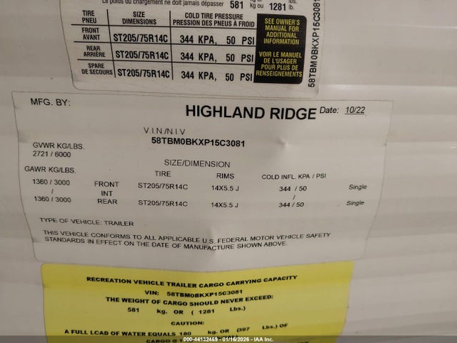 Aukcja sprzedaży 2023 Highland Ridge Open Range Series M-, vin: 58TBM0BKXP15C3081, numer aukcji: 44132469