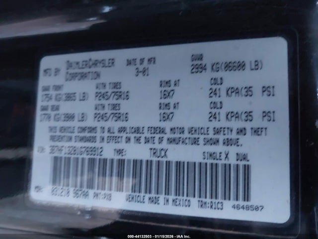 Продажа на аукционе авто 2001 Dodge Ram 1500 St, vin: 3B7HF13Z81G769912, номер лота: 44132503