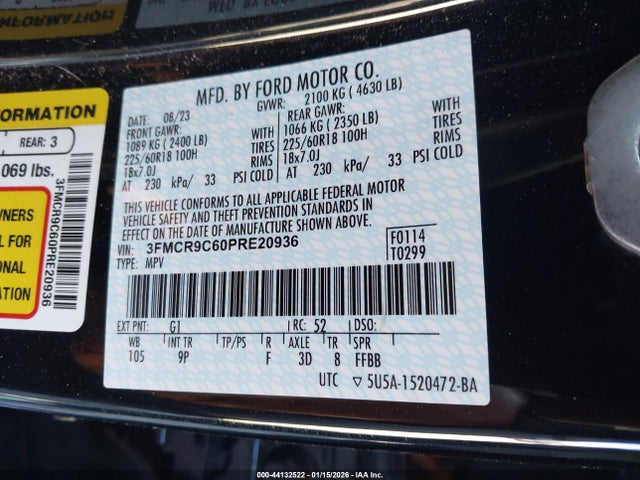 Auction sale of the 2023 Ford Bronco Sport Outer Banks, vin: 3FMCR9C60PRE20936, lot number: 44132522