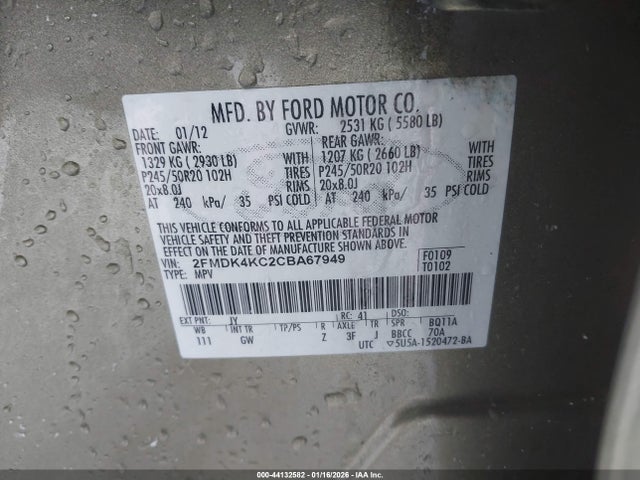 Продажа на аукционе авто 2012 Ford Edge Limited, vin: 2FMDK4KC2CBA67949, номер лота: 44132582
