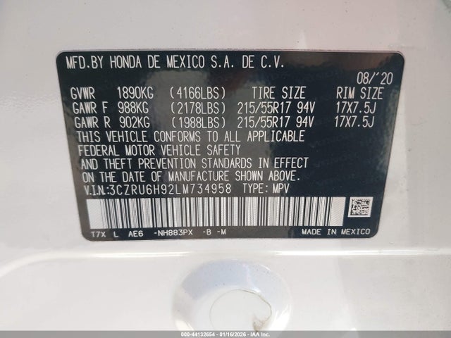 3CZRU6H92LM734958 Honda Hr-v Awd Touring