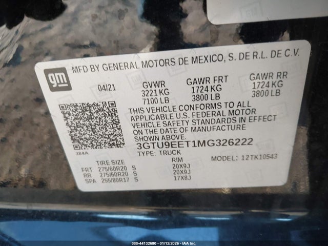 3GTU9EET1MG326222 GMC Sierra 1500 4wd Short Box At4