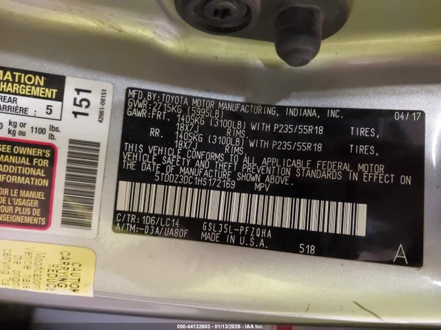 5TDDZ3DC1HS172169 Toyota Sienna Xle 7 Passenger