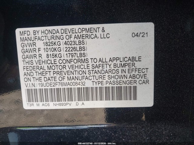44132740 :رقم المزاد ، 19UDE2F76MA008432 vin ، 2021 Acura Ilx Premium/technology مزاد بيع