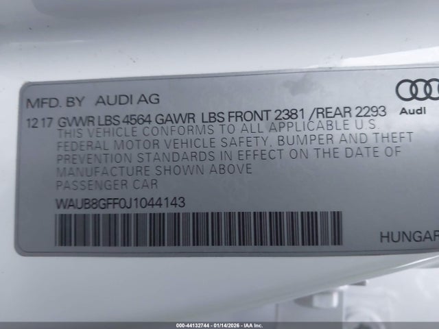 2018 Audi A3 2.0t Premium მანქანა იყიდება აუქციონზე, vin: WAUB8GFF0J1044143, აუქციონის ნომერი: 44132744