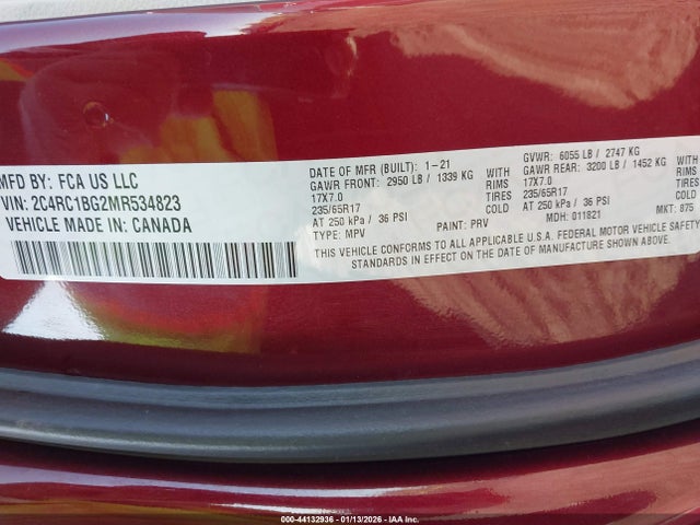 Продажа на аукционе авто 2021 Chrysler Pacifica Touring L, vin: 2C4RC1BG2MR534823, номер лота: 44132936