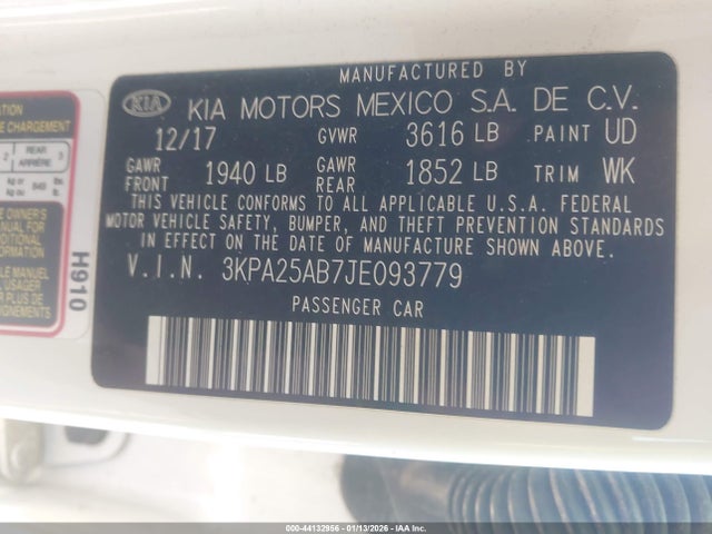 3KPA25AB7JE093779 KIA RIO LX