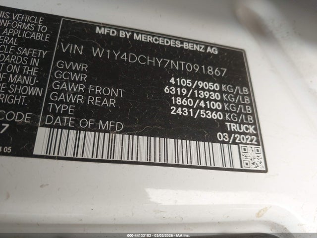 2022 Mercedes-benz Sprinter 2500 High Roof I4 Diesel მანქანა იყიდება აუქციონზე, vin: W1Y4DCHY7NT091867, აუქციონის ნომერი: 44133102