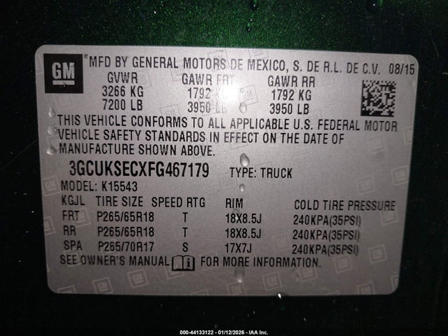 44133122 :رقم المزاد ، 3GCUKSECXFG467179 vin ، 2015 Chevrolet Silverado 1500 1lz مزاد بيع