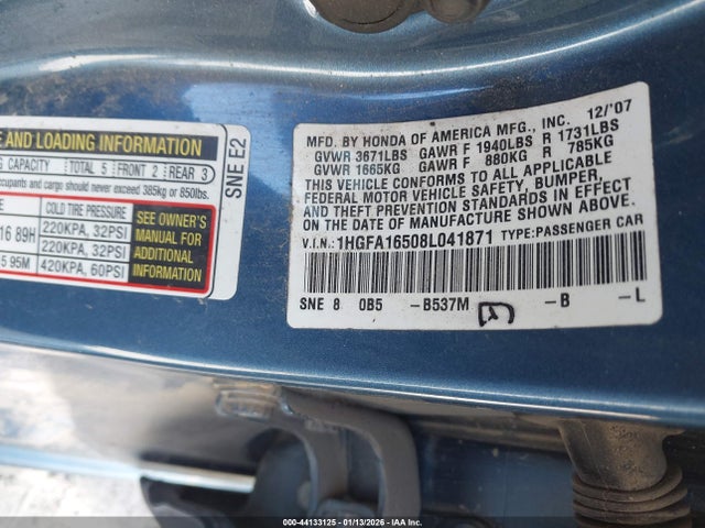 Auction sale of the 2008 Honda Civic Lx, vin: 1HGFA16508L041871, lot number: 44133125