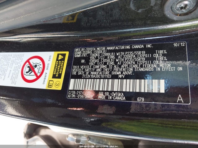 44133196 :رقم المزاد ، 2T2ZK1BA3DC101103 vin ، 2013 Lexus Rx 350 مزاد بيع