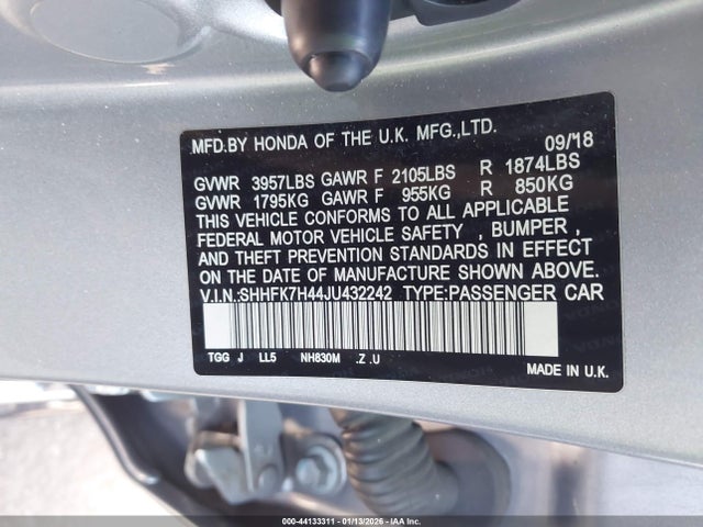 SHHFK7H44JU432242 Honda Civic Sport