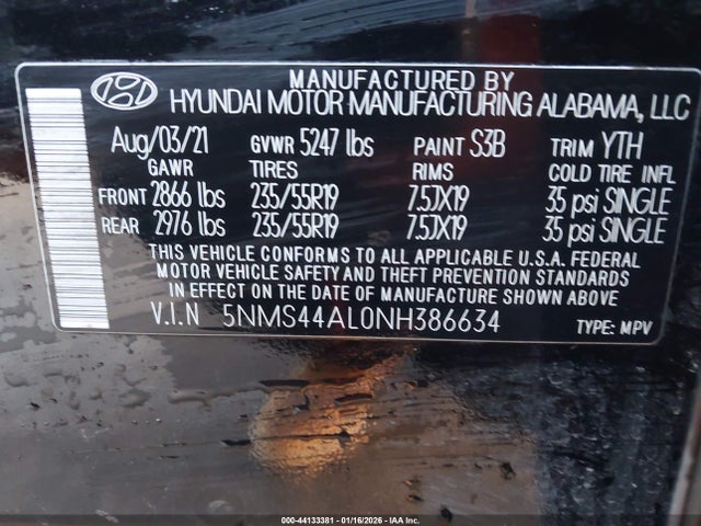 5NMS44AL0NH386634 Hyundai Santa Fe Limited