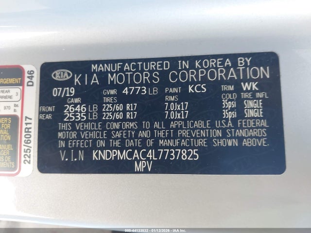 2020 Kia Sportage Lx მანქანა იყიდება აუქციონზე, vin: KNDPMCAC4L7737825, აუქციონის ნომერი: 44133532