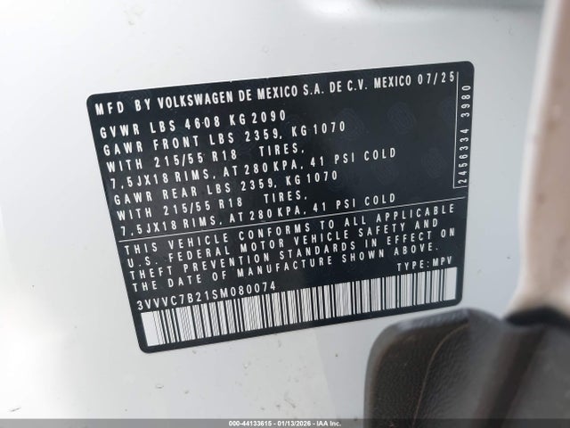Продажа на аукционе авто 2025 Volkswagen Taos 1.5t Se, vin: 3VVVC7B21SM080074, номер лота: 44133615