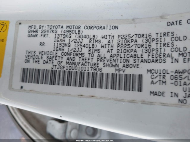 44133624 :رقم المزاد ، JTJGF10U010117906 vin ، 2001 Lexus Rx 300 مزاد بيع