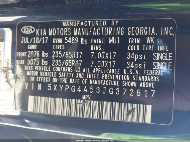 2018 Kia Sorento 3.3l Lx მანქანა იყიდება აუქციონზე, vin: 5XYPG4A53JG372617, აუქციონის ნომერი: 44133756