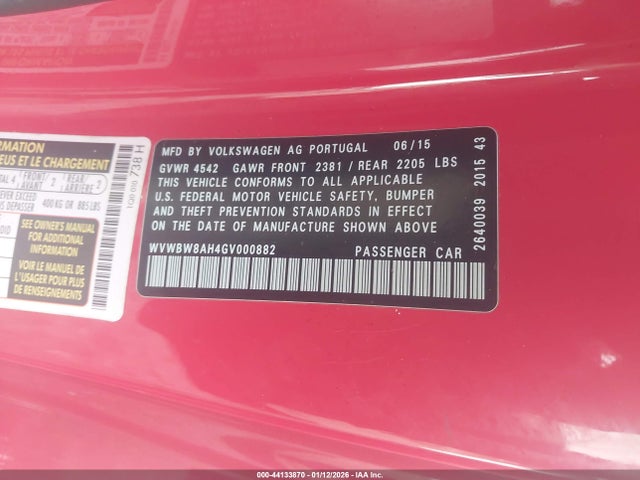 Продаж на аукціоні авто 2016 Volkswagen Eos Komfort, vin: WVWBW8AH4GV000882, номер лоту: 44133870
