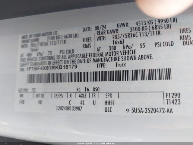 44133955 :رقم المزاد ، 1FTBF4X81RKB18179 vin ، 2024 Ford Transit-350 Cargo Van مزاد بيع