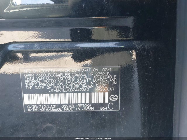 Продаж на аукціоні авто 2011 Lexus Es 350, vin: JTHBK1EG0B2442362, номер лоту: 44133981