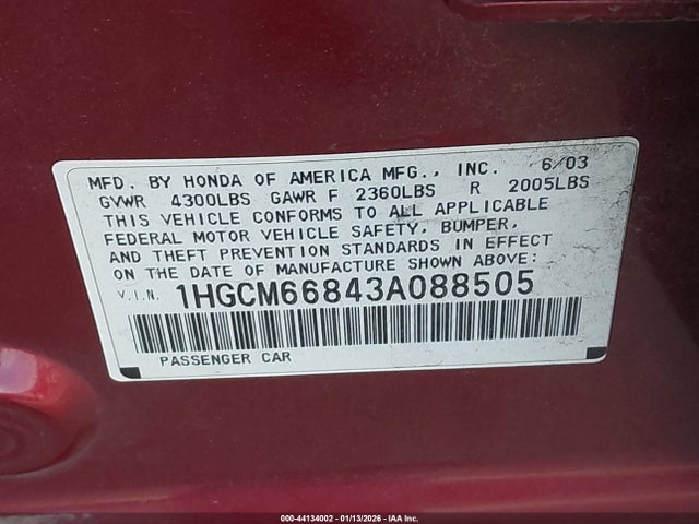 2003 HONDA ACCORD SDN 1HGCM66843A088505 Photo 8