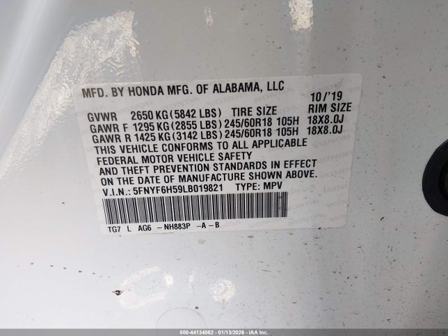 5FNYF6H59LB019821 Honda Pilot Awd Ex-l