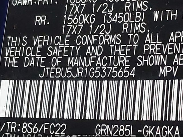 JTEBU5JR1G5375654 Toyota 4runner Sr5 Prem/ltdl/trail/trd