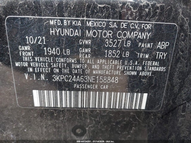 44134251 :رقم المزاد ، 3KPC24A63NE158848 vin ، 2022 Hyundai Accent Se مزاد بيع