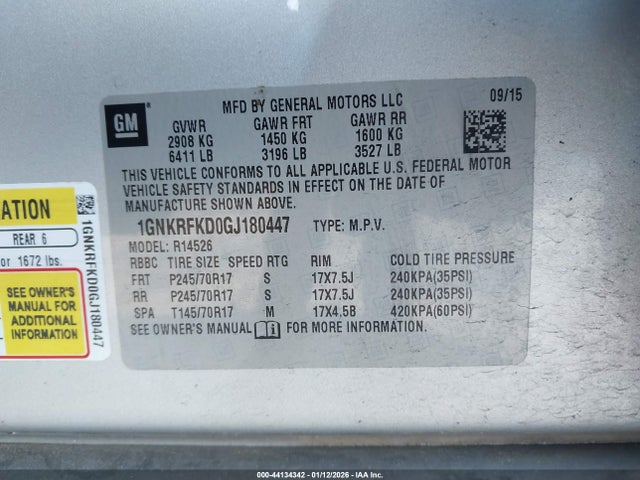 Aukcja sprzedaży 2016 Chevrolet Traverse Ls, vin: 1GNKRFKD0GJ180447, numer aukcji: 44134342