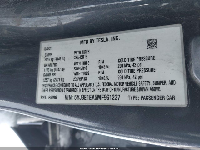 Продаж на аукціоні авто 2021 Tesla Model 3 Standard Range Plus Rear-wheel Drive, vin: 5YJ3E1EA5MF961237, номер лоту: 44134344
