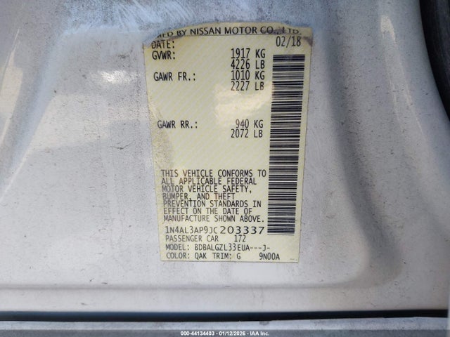 Aukcja sprzedaży 2018 Nissan Altima 2.5 S, vin: 1N4AL3AP9JC203337, numer aukcji: 44134403