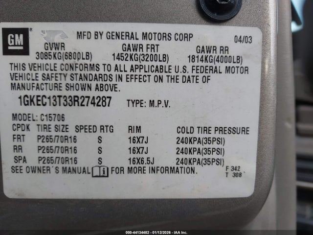 Aukcja sprzedaży 2003 Gmc Yukon Slt, vin: 1GKEC13T33R274287, numer aukcji: 44134482