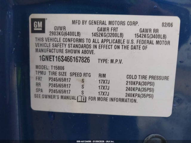 44134496 :رقم المزاد ، 1GNET16S466167826 vin ، 2006 Chevrolet Trailblazer Ext Lt مزاد بيع