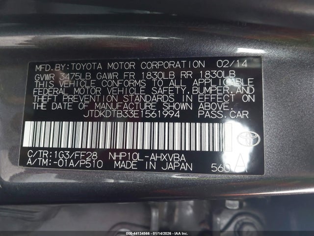 JTDKDTB33E1561994 Toyota Prius C Two